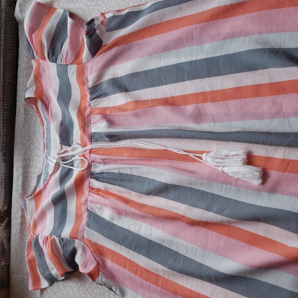 NY Collection Ruffled Striped Capped Sleeve Top Size L